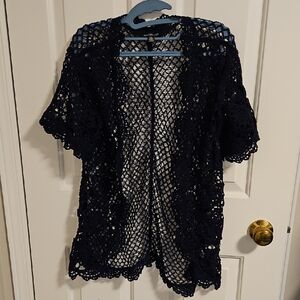 Nina Leonard Navy Crochet Open-Knit Sweater